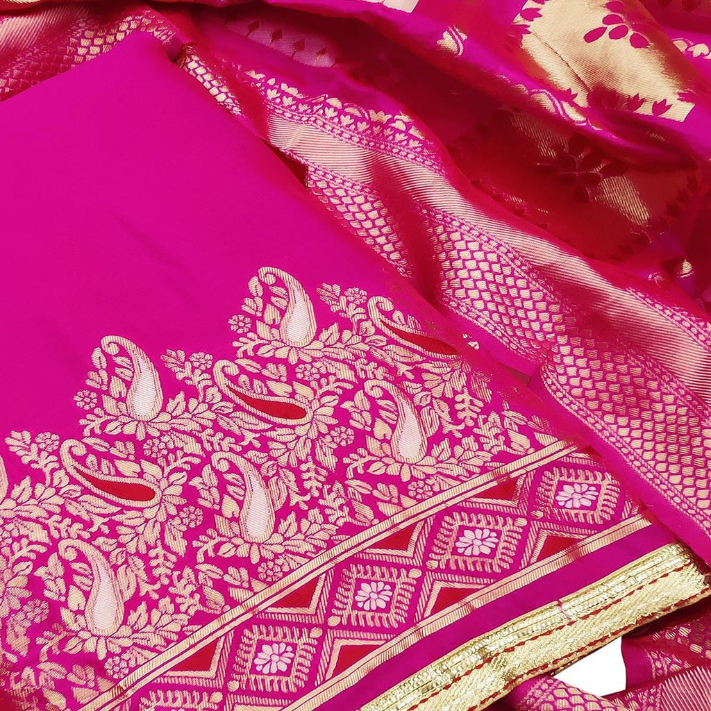 Mesmeric Dark Pink Colored Festive Wear Woven Heavy Banarasi Silk Dress Material