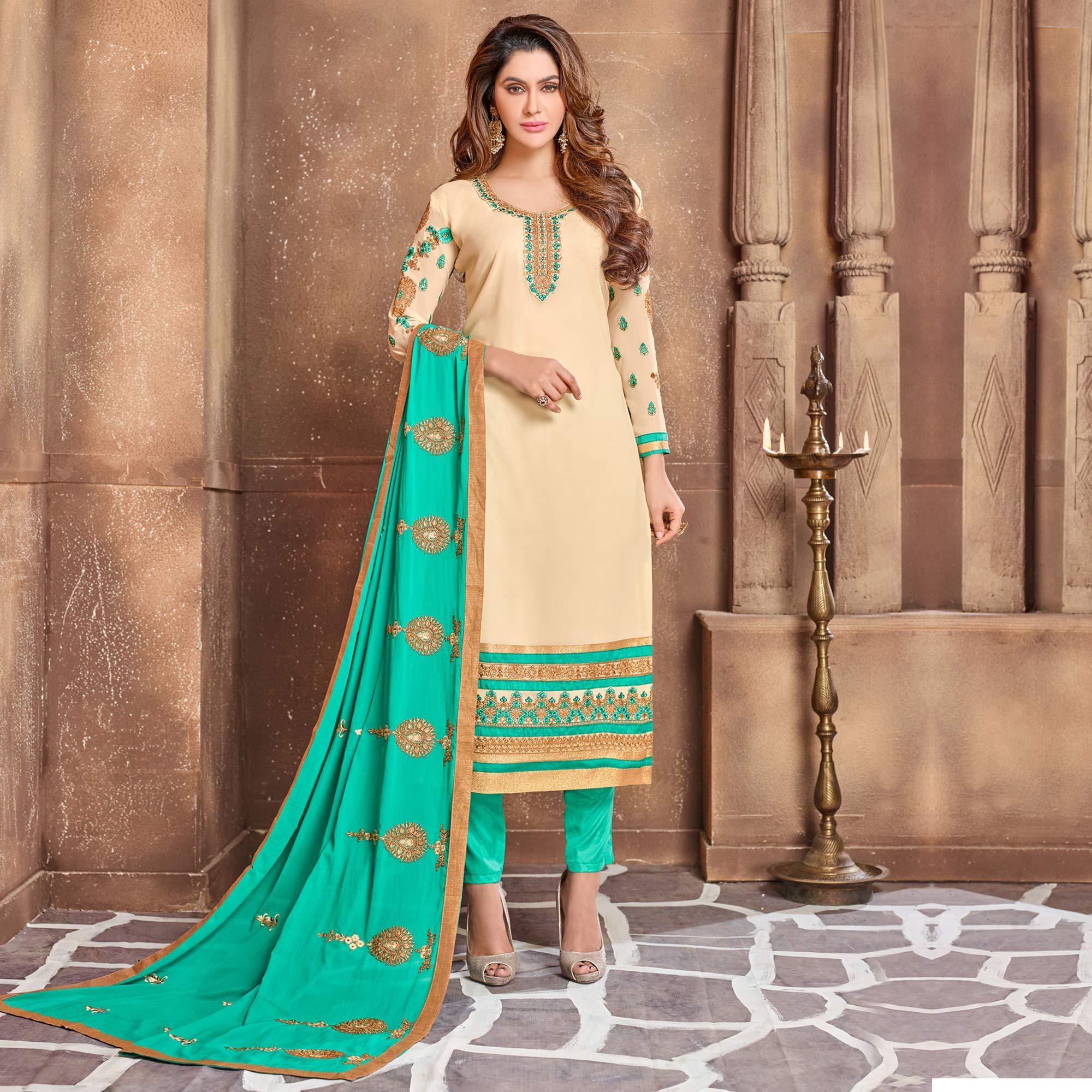 Mesmerising Beige Colored Partywear Embroidered Georgette Suit