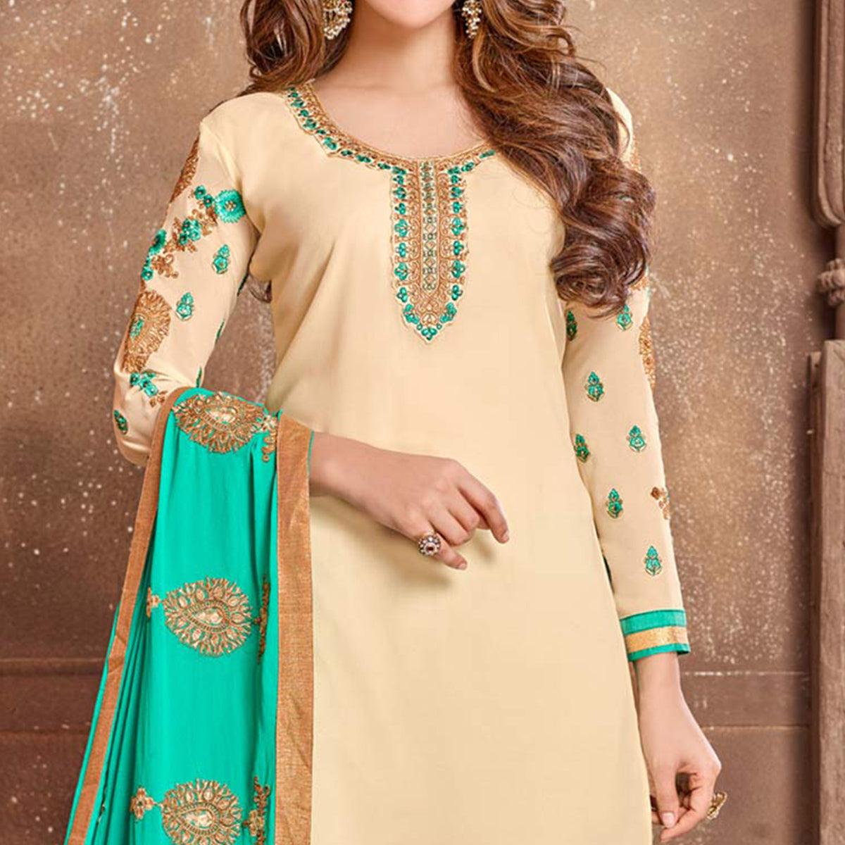 Mesmerising Beige Colored Partywear Embroidered Georgette Suit