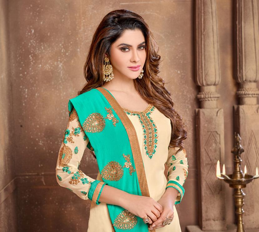 Mesmerising Beige Colored Partywear Embroidered Georgette Suit