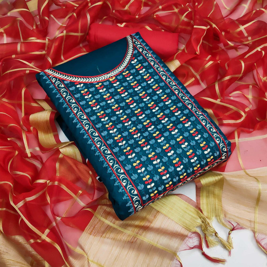 More Peach Festive Wear Floral Embroidered Cotton Dress Material