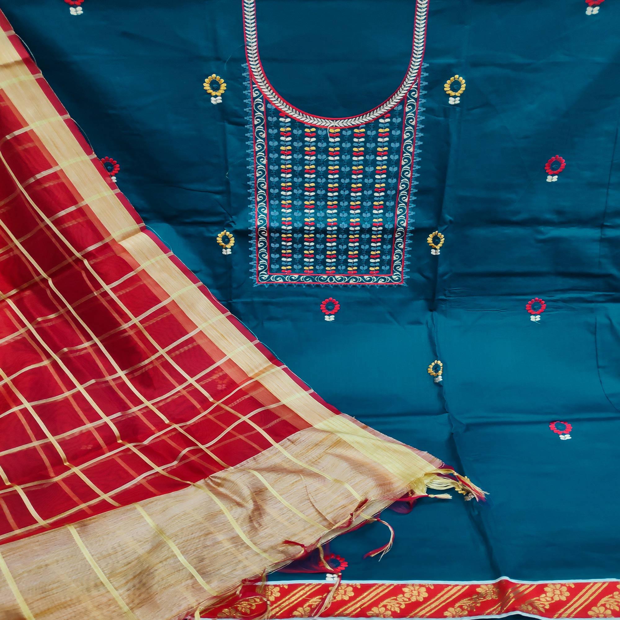 More Peach Festive Wear Floral Embroidered Cotton Dress Material