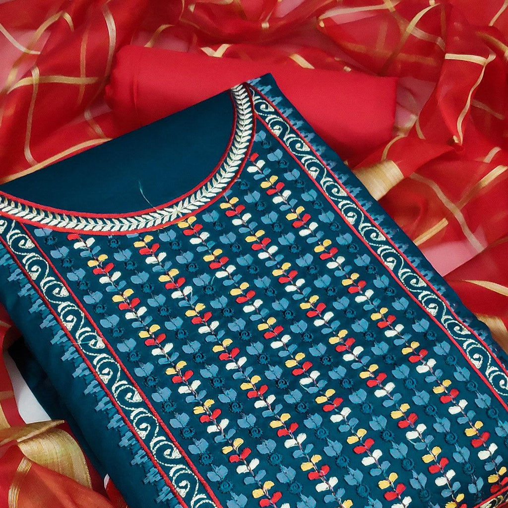 More Peach Festive Wear Floral Embroidered Cotton Dress Material