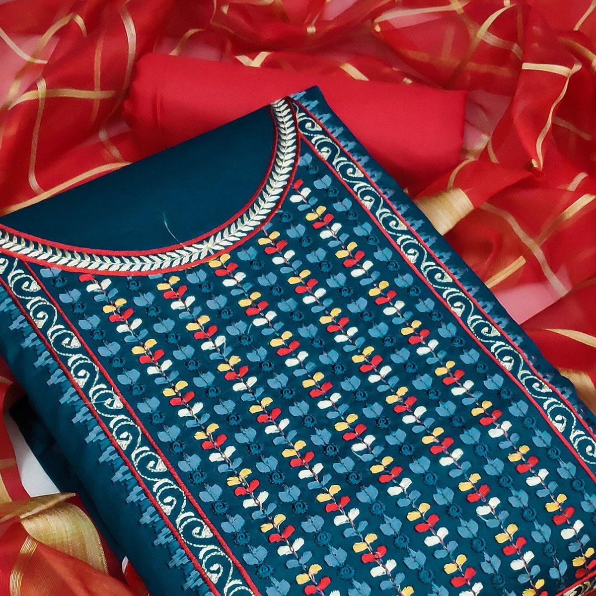 More Peach Festive Wear Floral Embroidered Cotton Dress Material