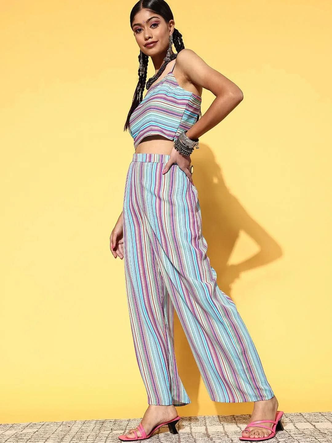 Multicoloured Striped Georgette 3 Piece Co-Ords
