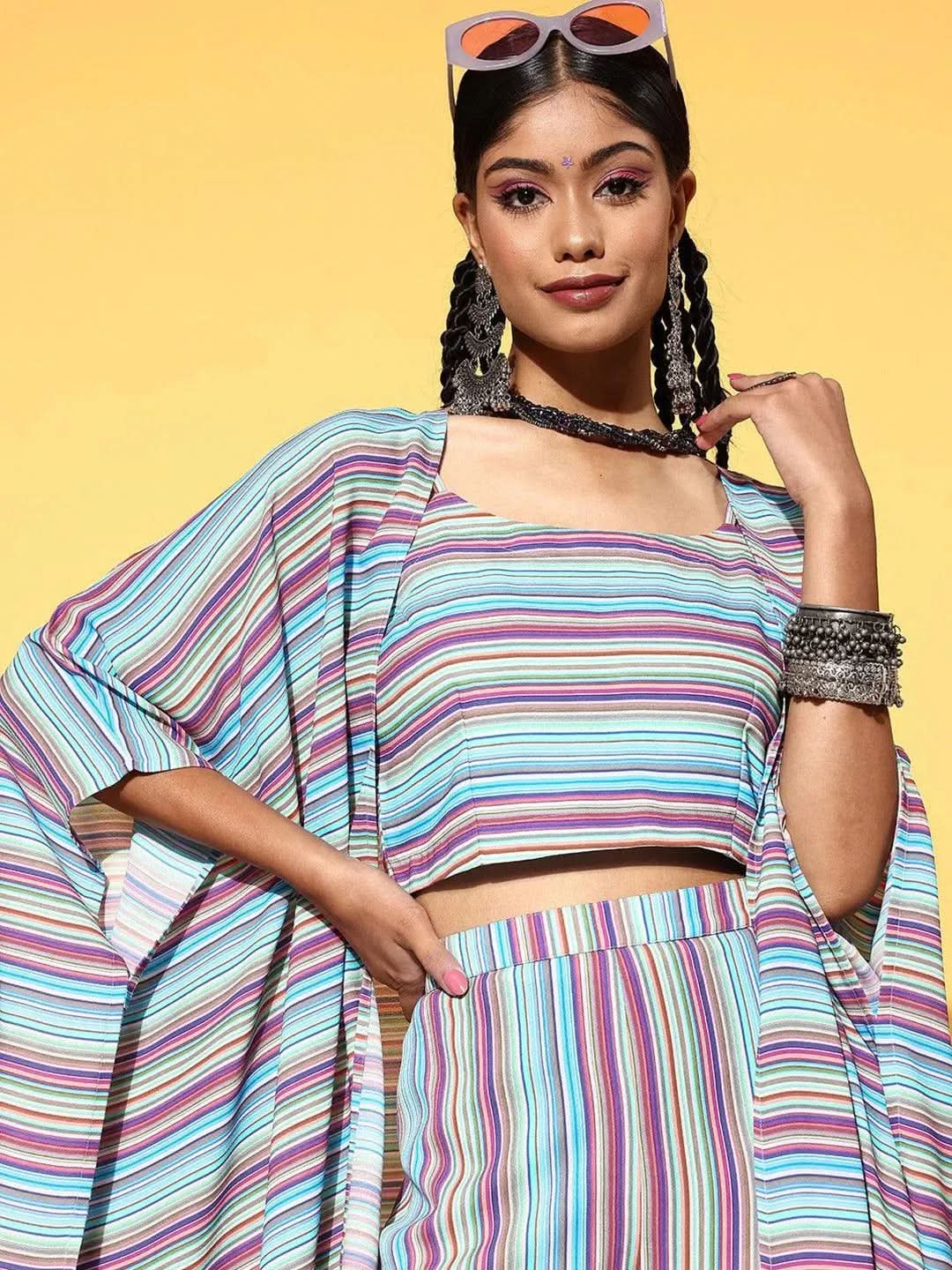 Multicoloured Striped Georgette 3 Piece Co-Ords