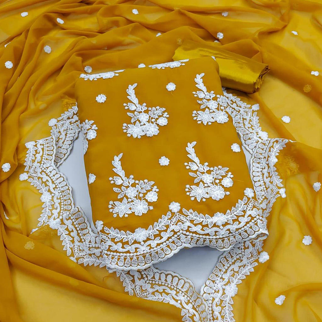 Mustard Embroidered Georgette Dress Material