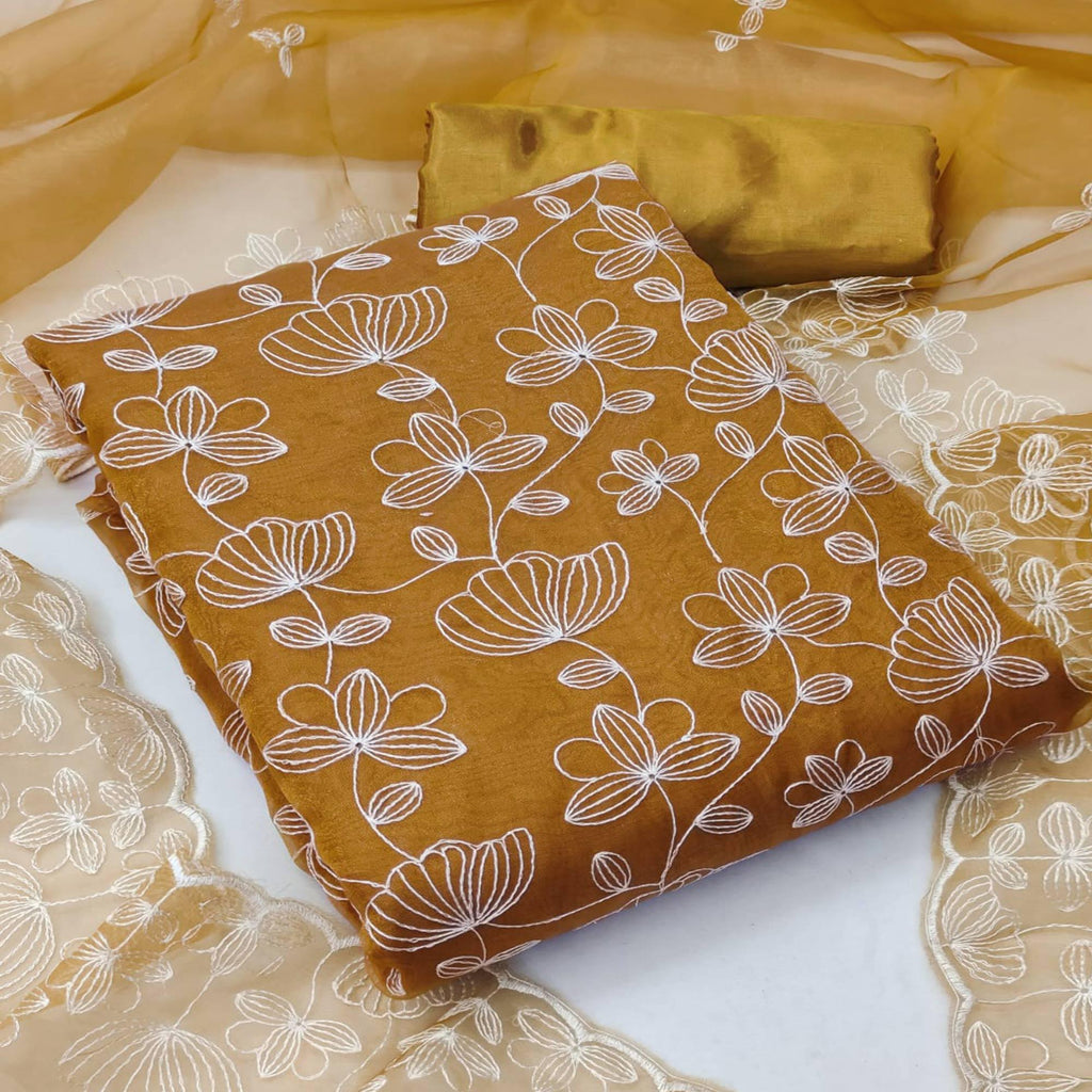 Mustard Floral Embroidered Organza Dress Material
