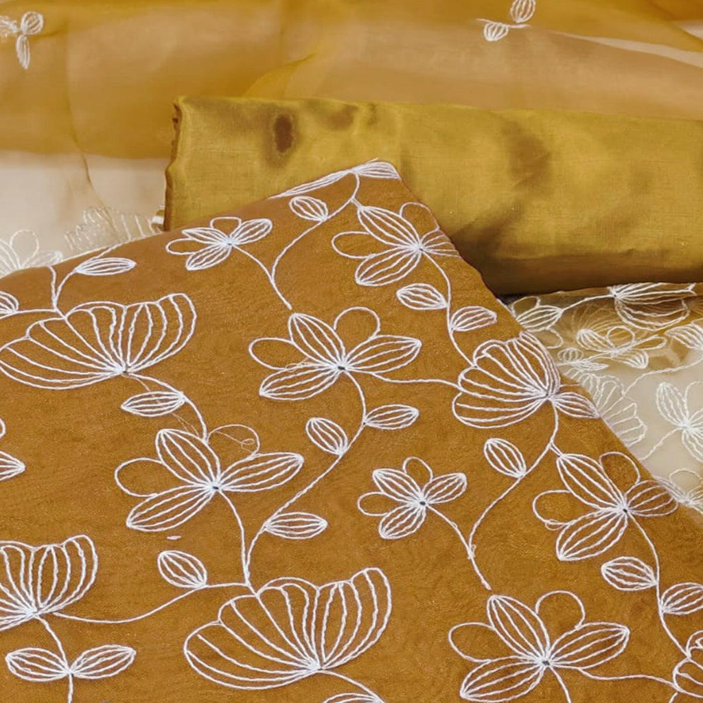 Mustard Floral Embroidered Organza Dress Material