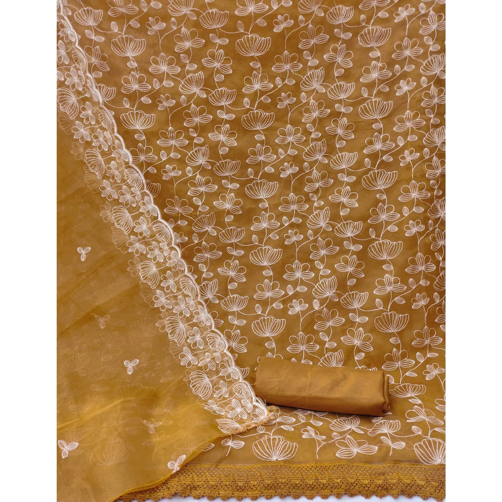 Mustard Floral Embroidered Organza Dress Material