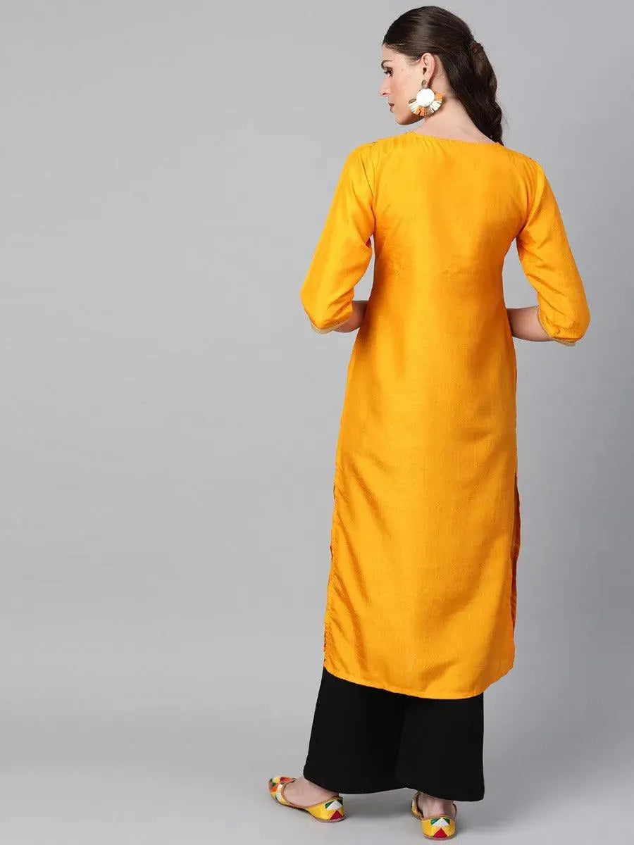Mustard Self Design Chanderi Kurta - Libas