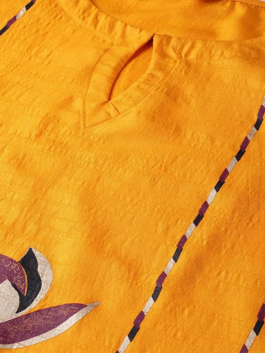 Mustard Self Design Chanderi Kurta - Libas