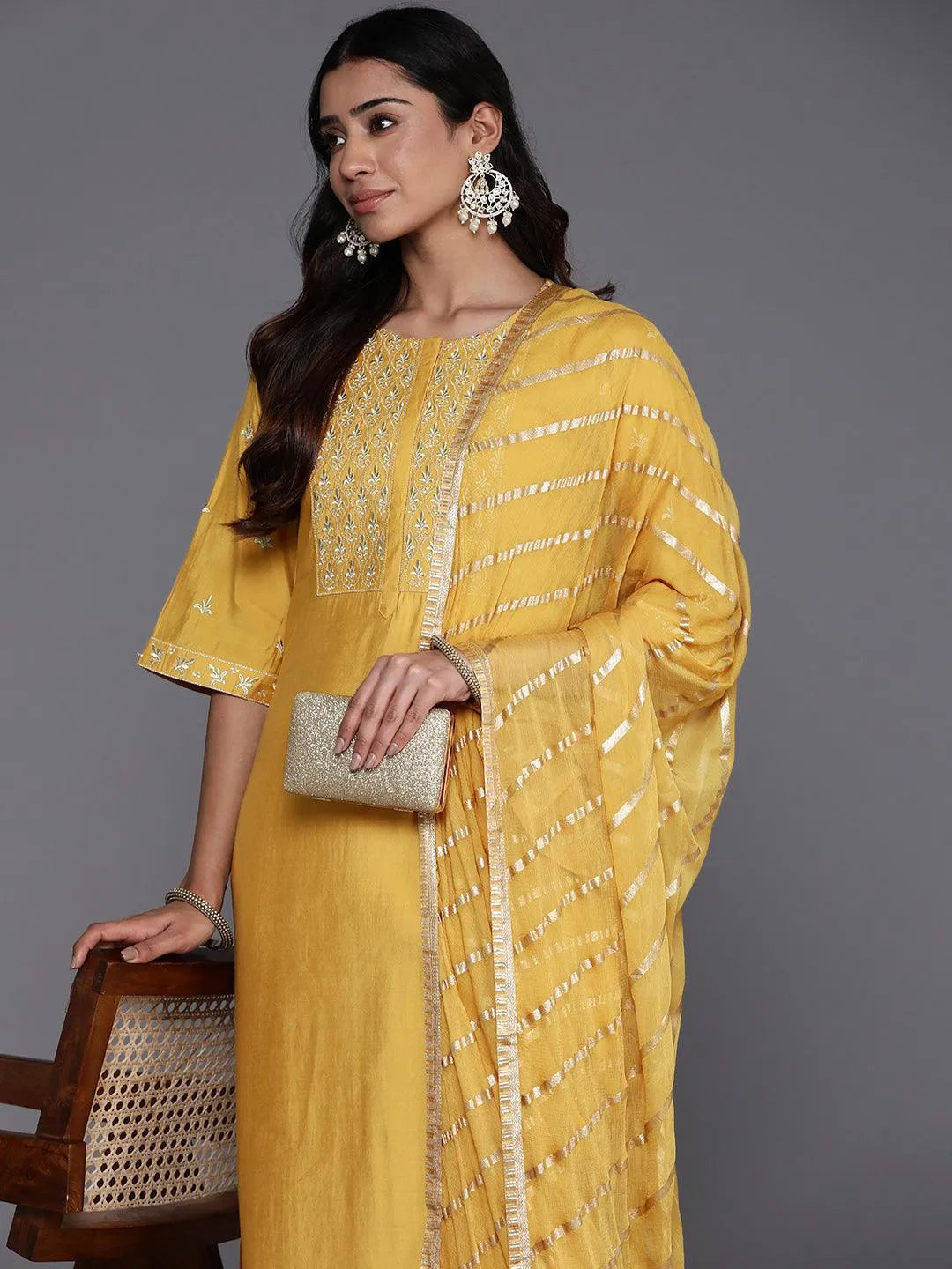 Mustard Solid Silk Blend Straight Suit With Dupatta