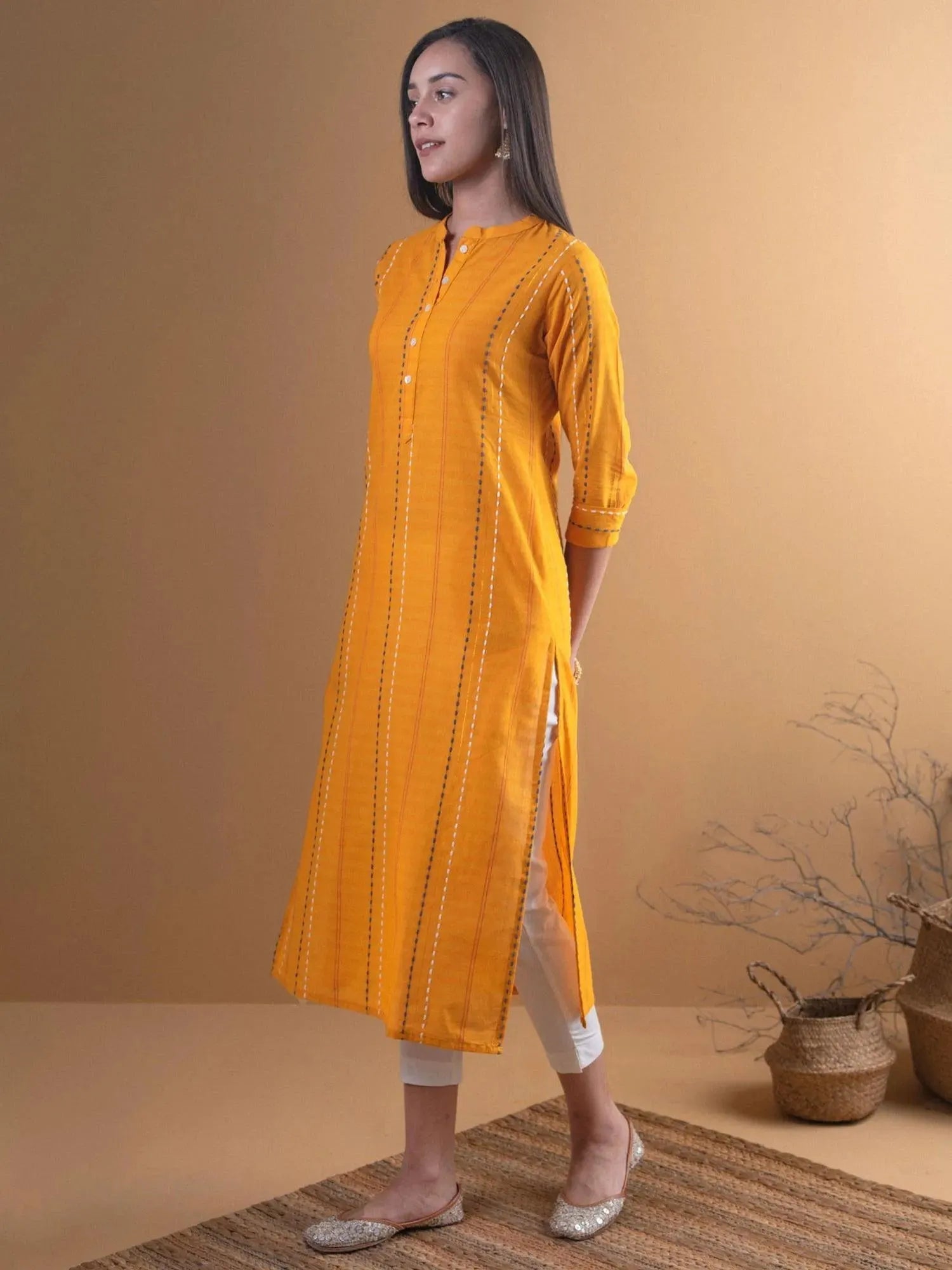 Mustard Striped Cotton Kurta - Libas