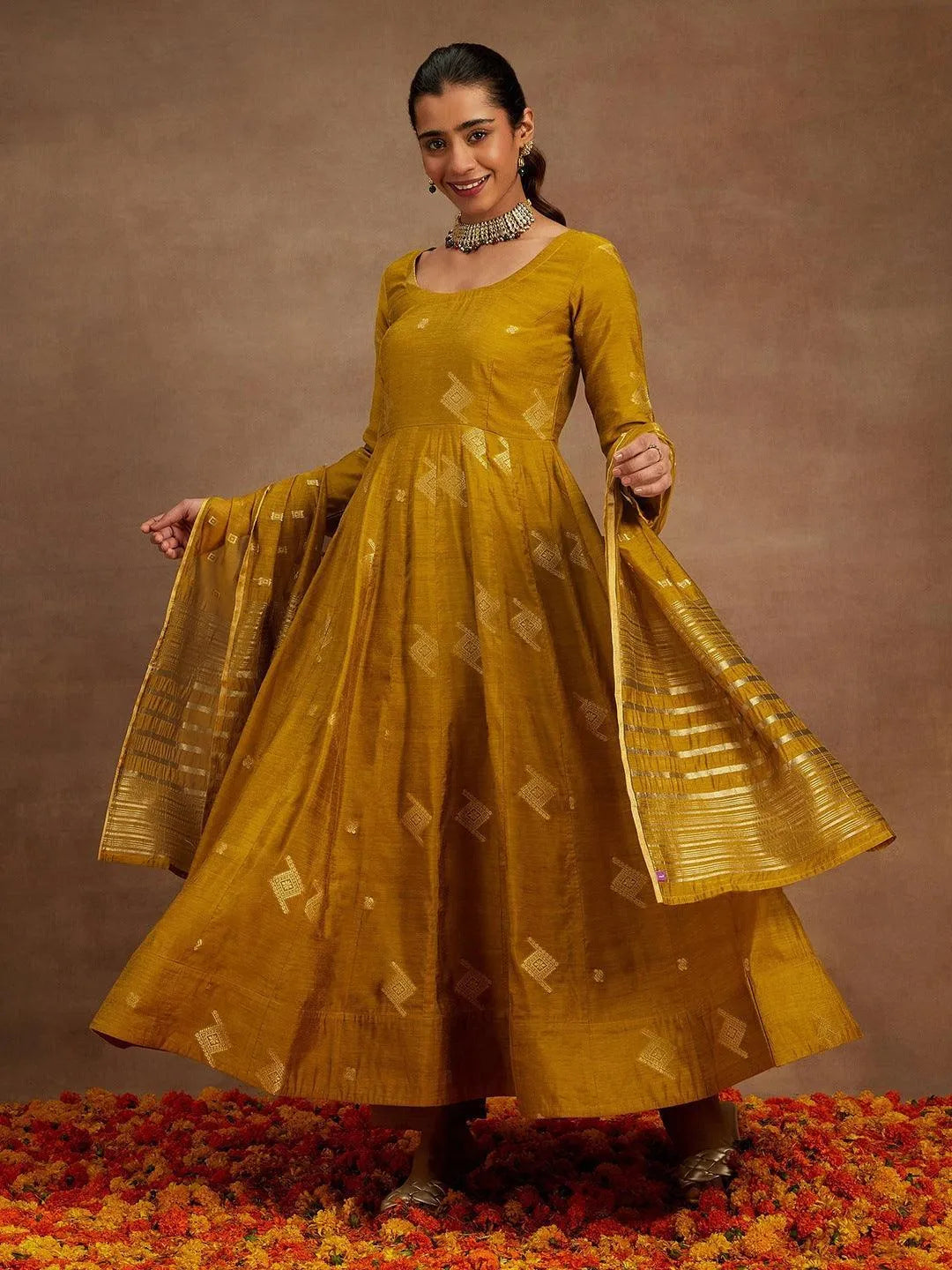 Mustard Woven Design Chanderi Silk Anarkali Suit With Dupatta