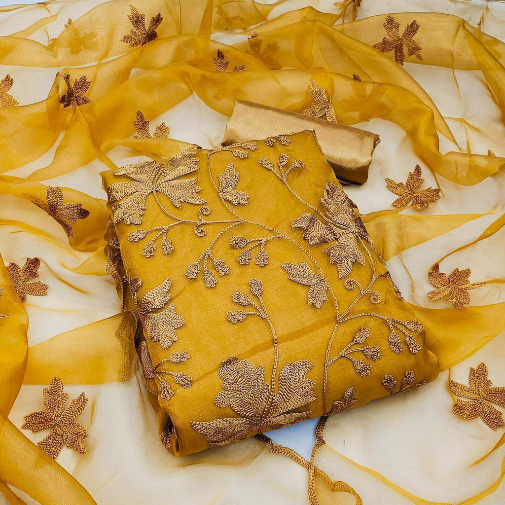 Mustard Yellow Embroidered Organza Dress Material
