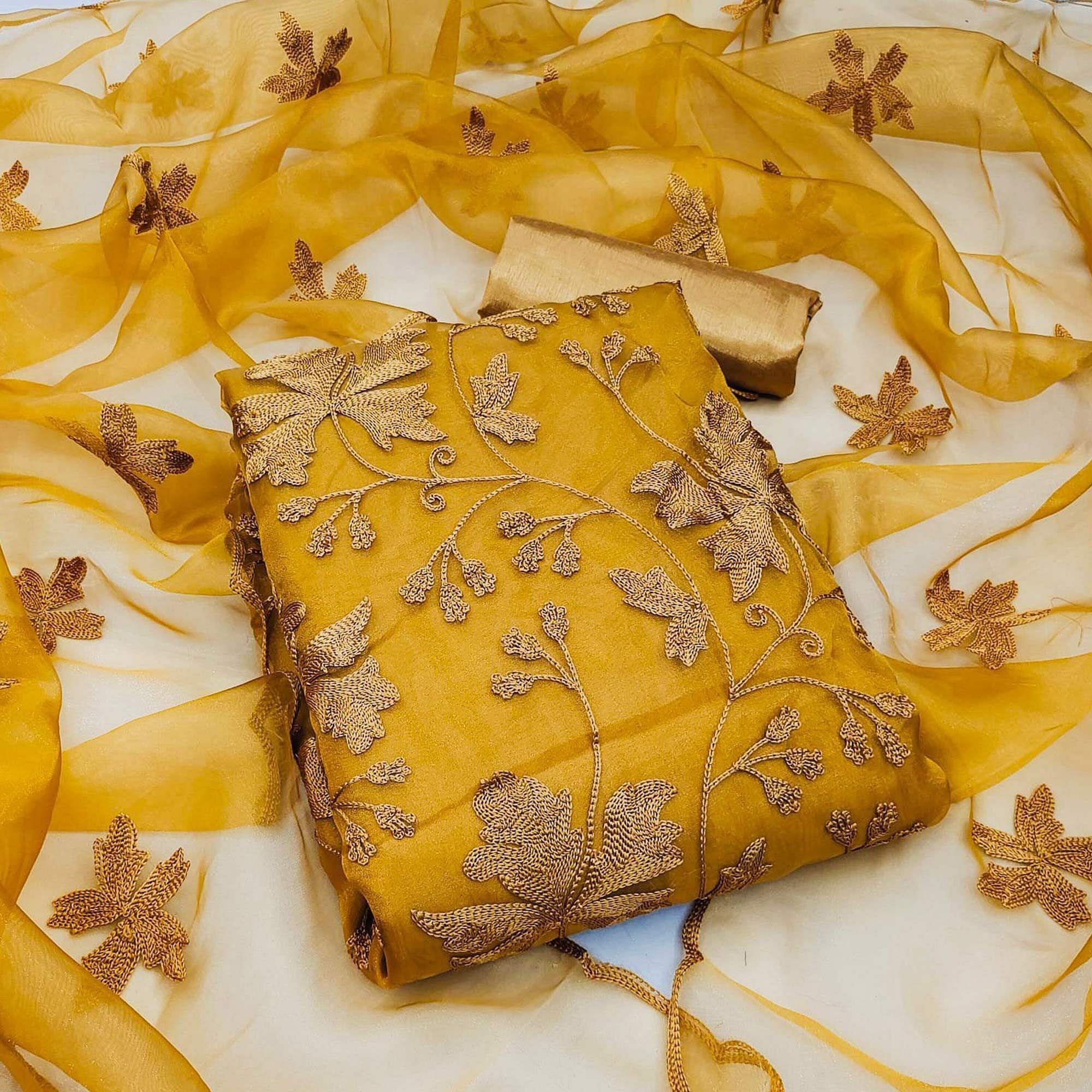 Mustard Yellow Embroidered Organza Dress Material