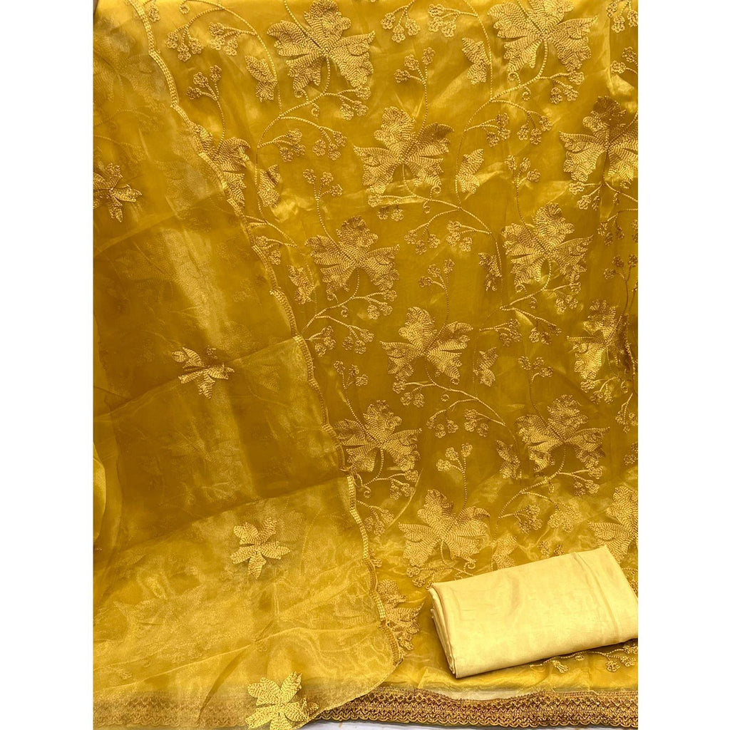 Mustard Yellow Embroidered Organza Dress Material