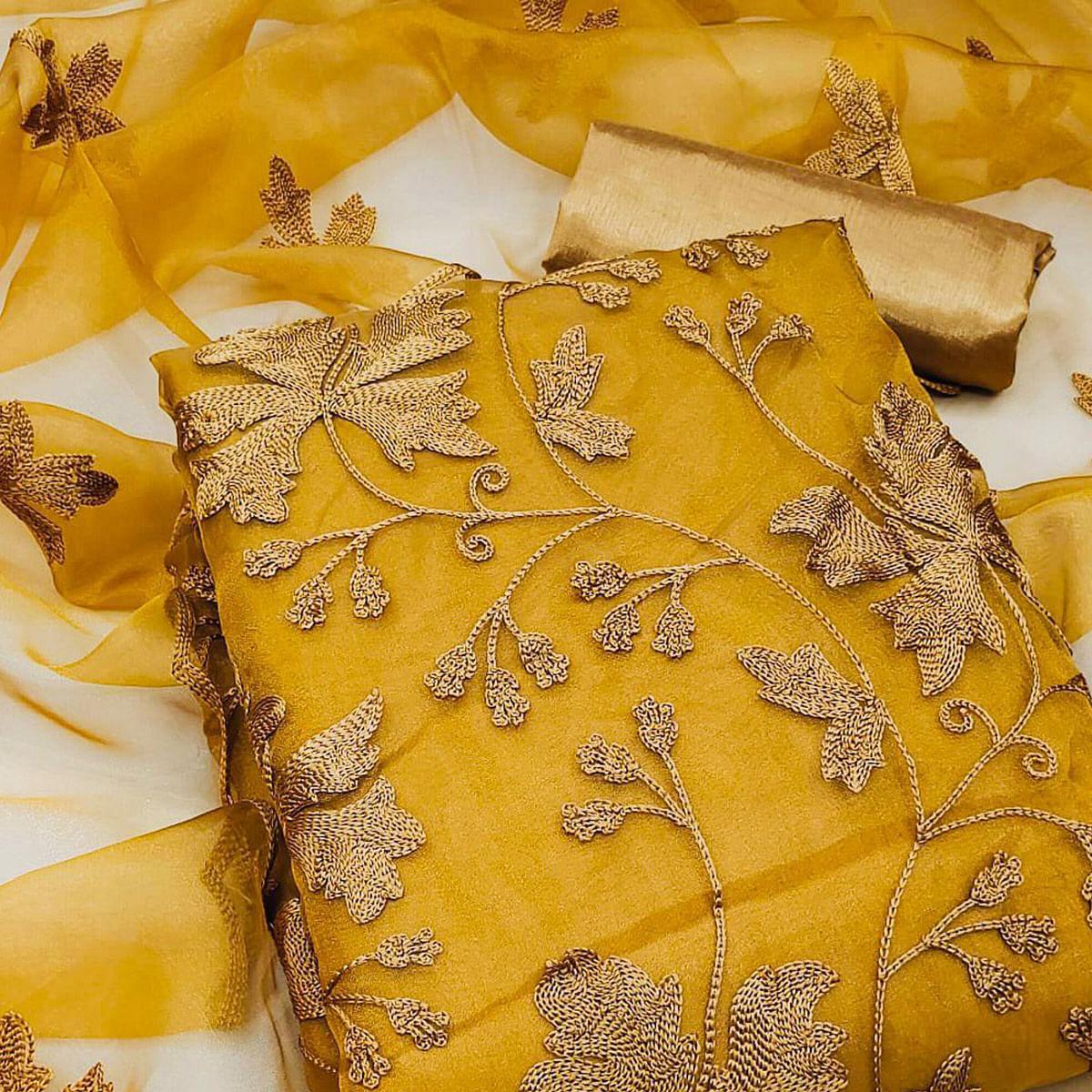 Mustard Yellow Embroidered Organza Dress Material