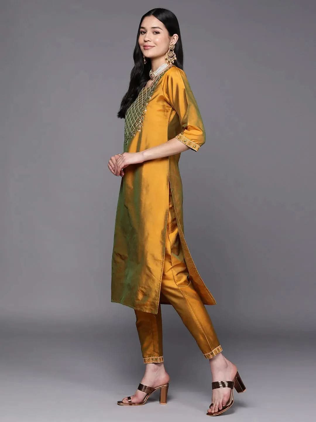 Mustard Yoke Design Silk Blend Straight Kurta With Dupatta