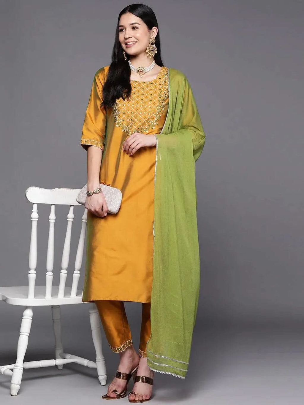 Mustard Yoke Design Silk Blend Straight Kurta With Dupatta
