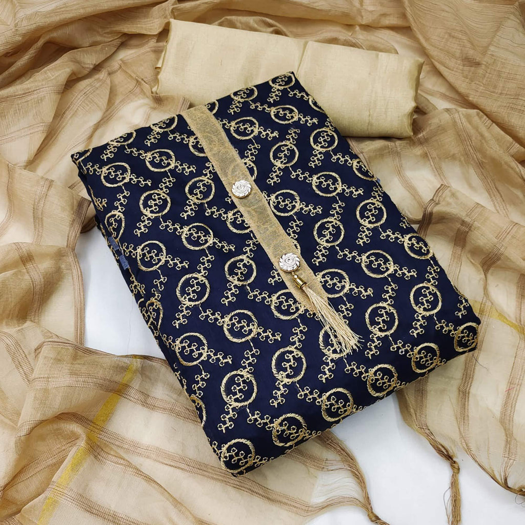 Navy Blue Casual Wear Embroidered Chanderi Dress Material