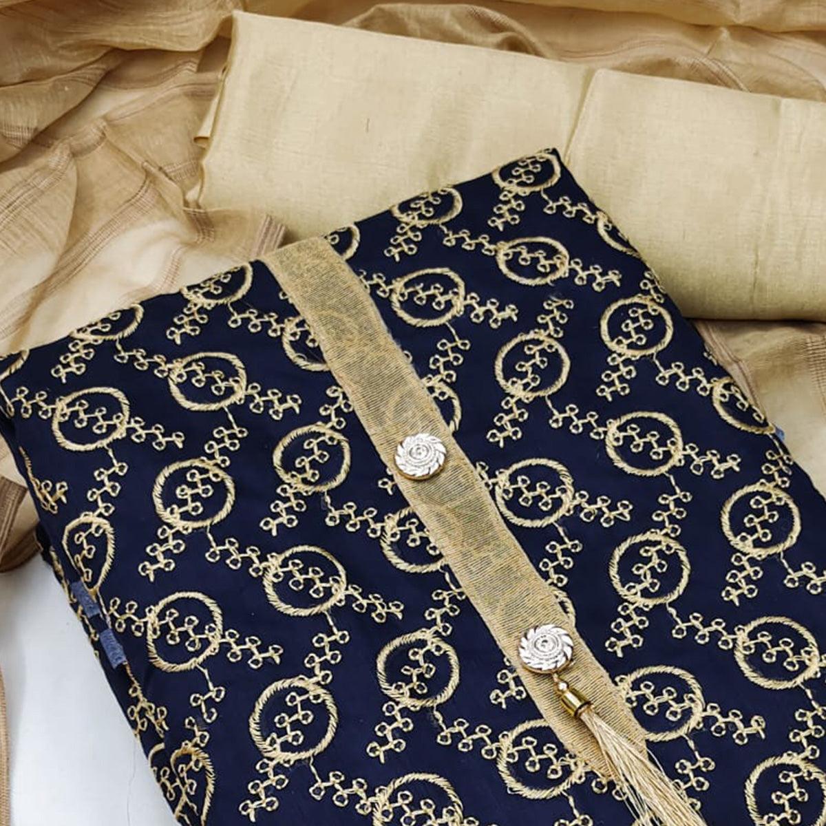 Navy Blue Casual Wear Embroidered Chanderi Dress Material