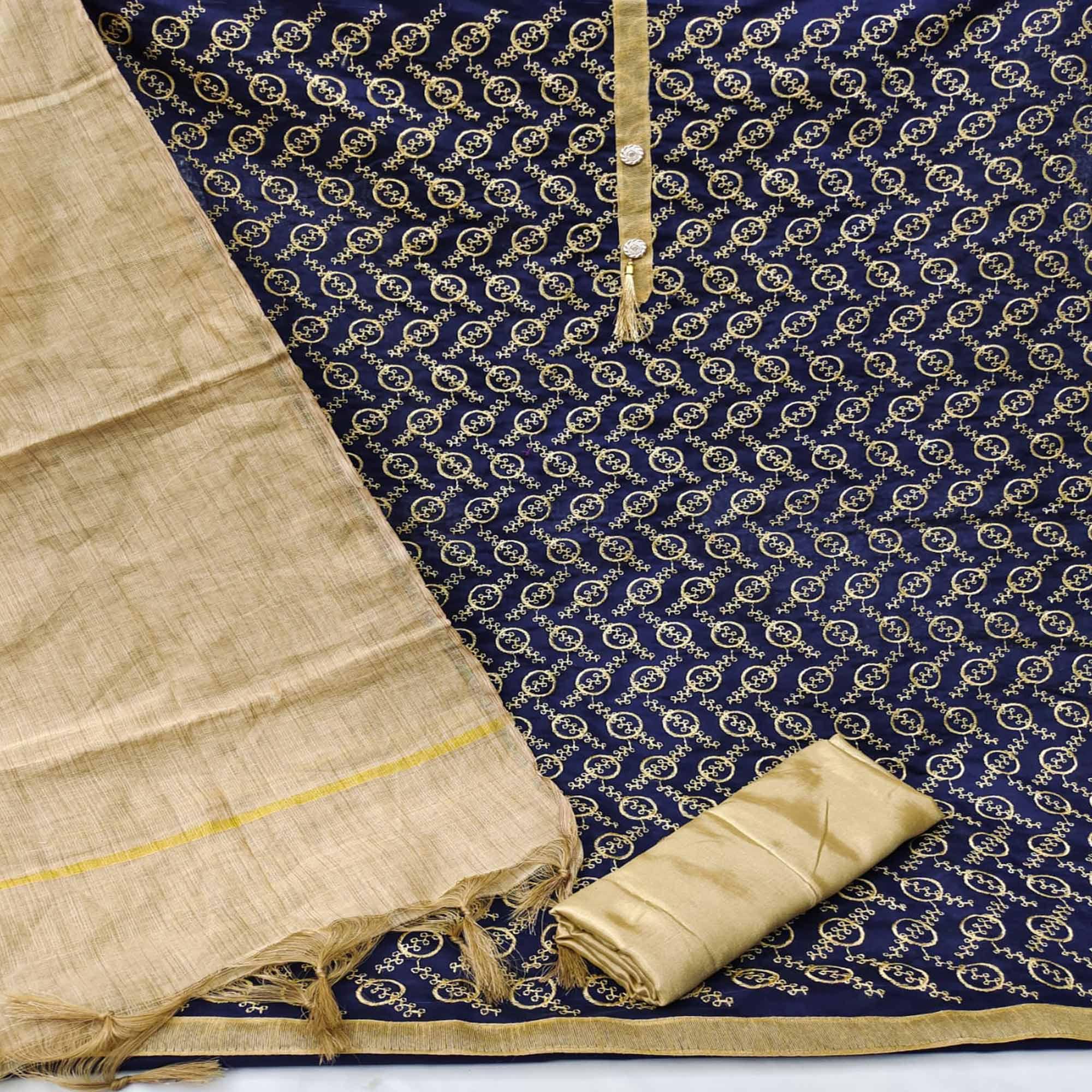 Navy Blue Casual Wear Embroidered Chanderi Dress Material