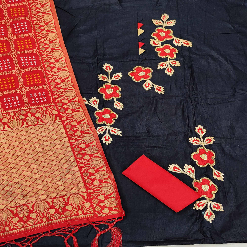 Navy Blue Casual Wear Floral Embroidery With Hand Work Cotton Dress Material