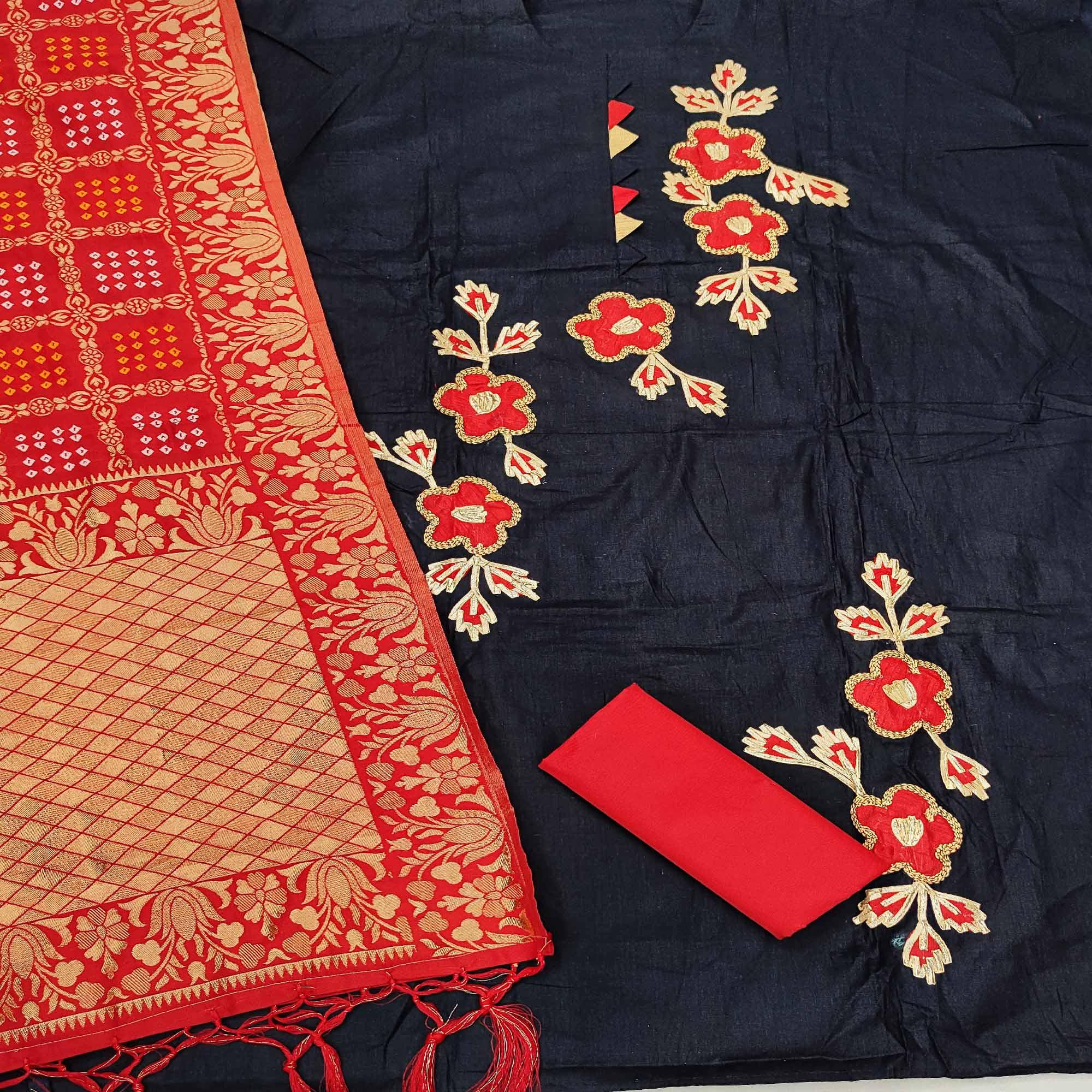 Navy Blue Casual Wear Floral Embroidery With Hand Work Cotton Dress Material