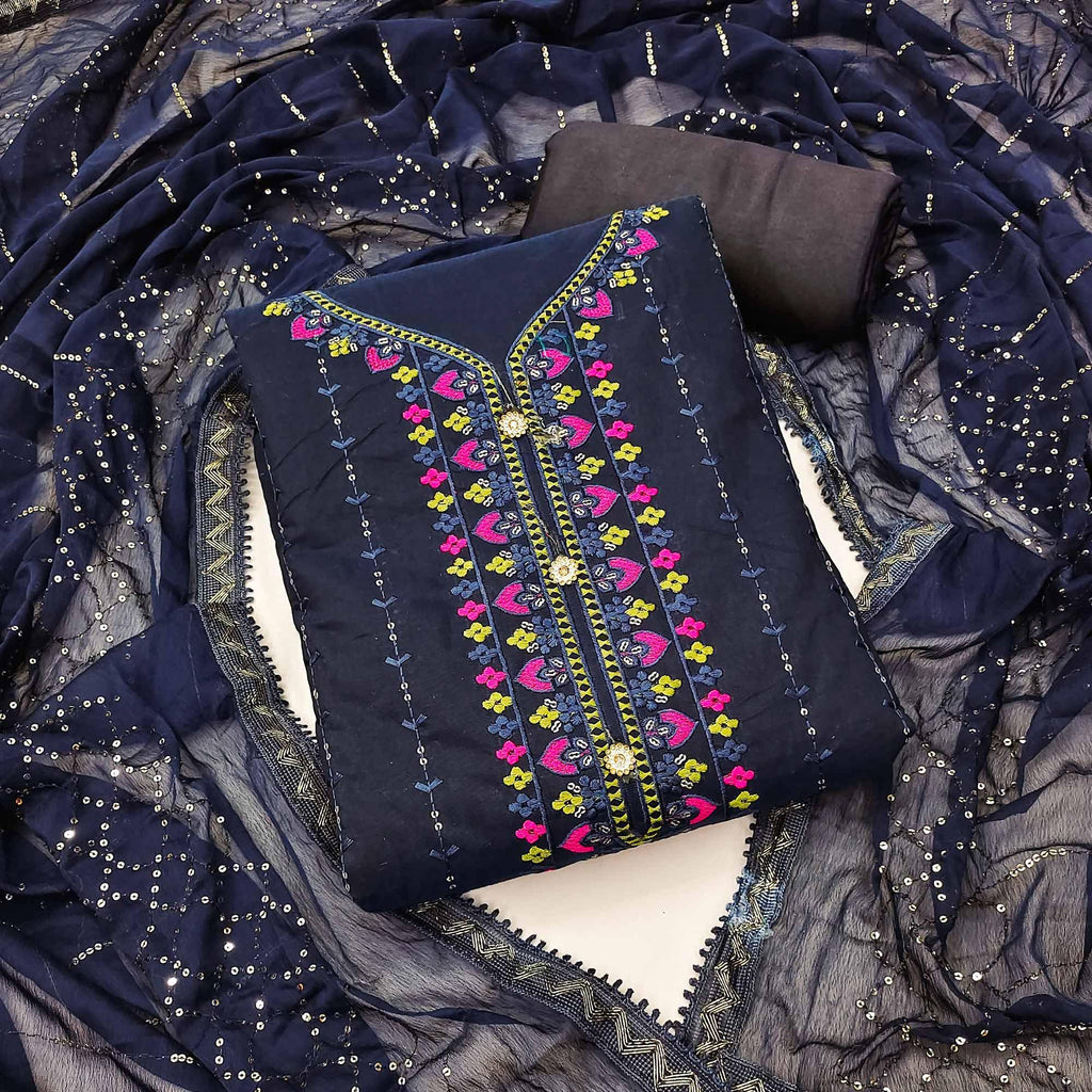 Navy Blue Embroidered Chanderi Dress Material