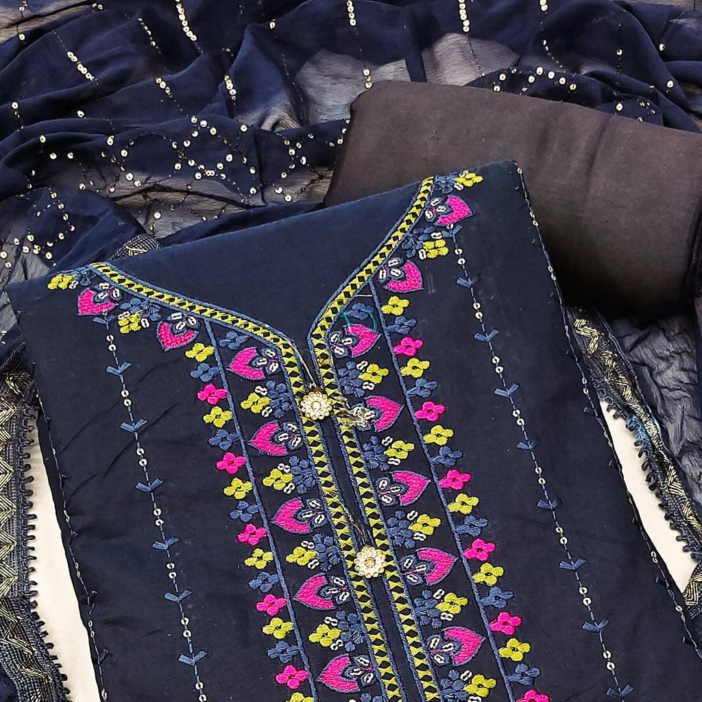 Navy Blue Embroidered Chanderi Dress Material