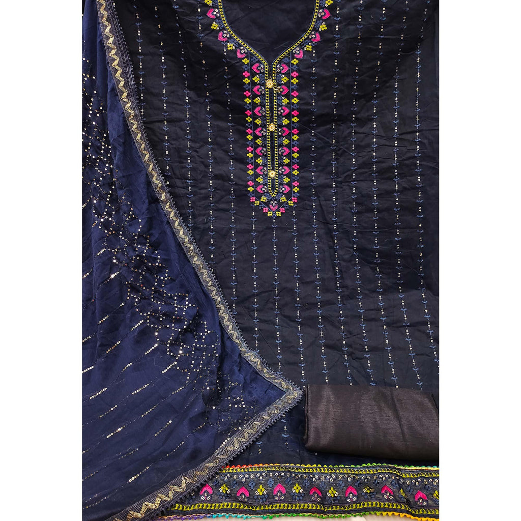 Navy Blue Embroidered Chanderi Dress Material