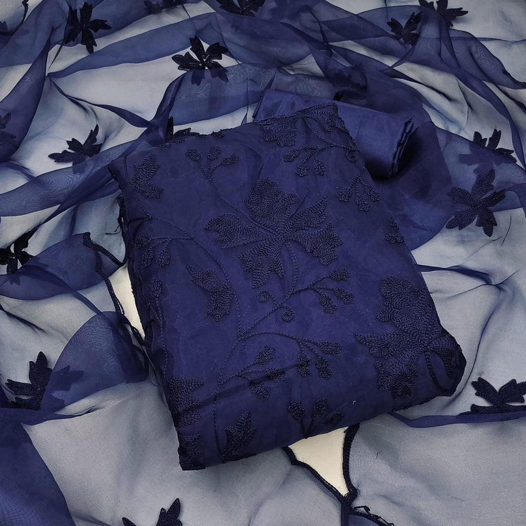 Navy Blue Embroidered Organza Dress Material