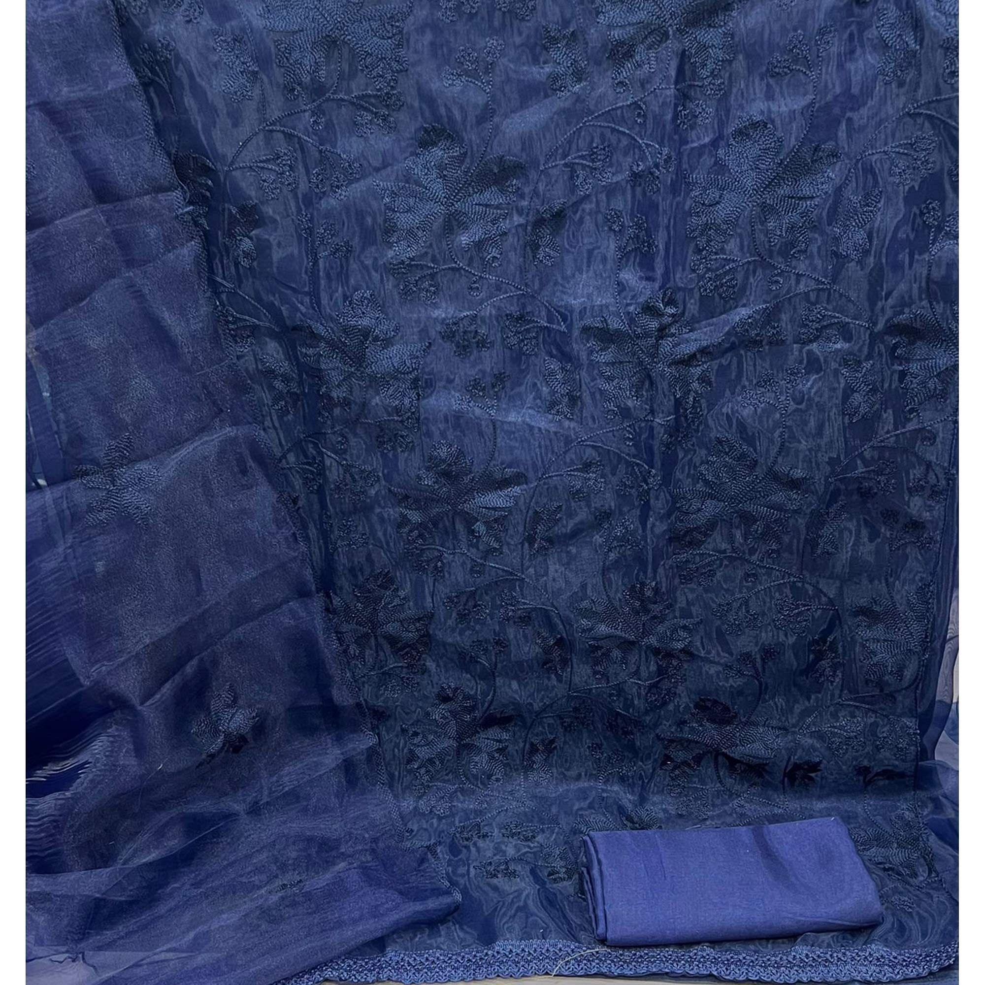 Navy Blue Embroidered Organza Dress Material