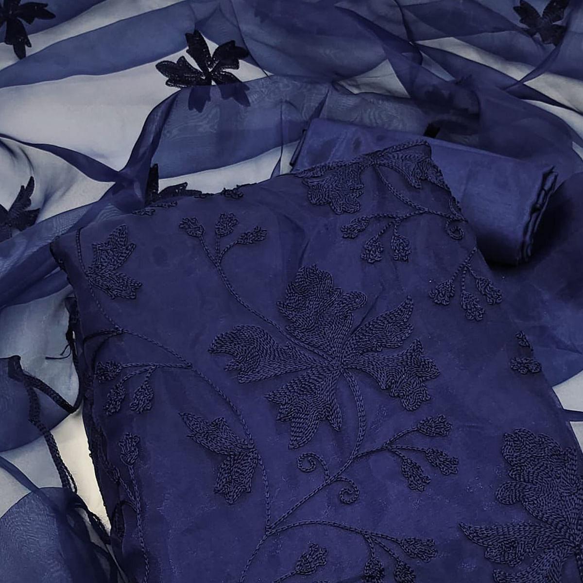 Navy Blue Embroidered Organza Dress Material