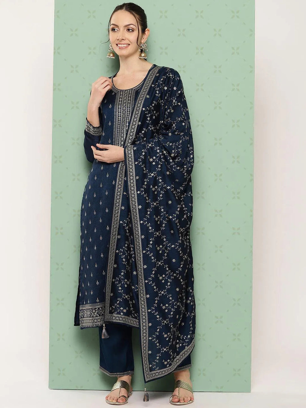Blue Embroidered Silk Blend Pakistani Suit