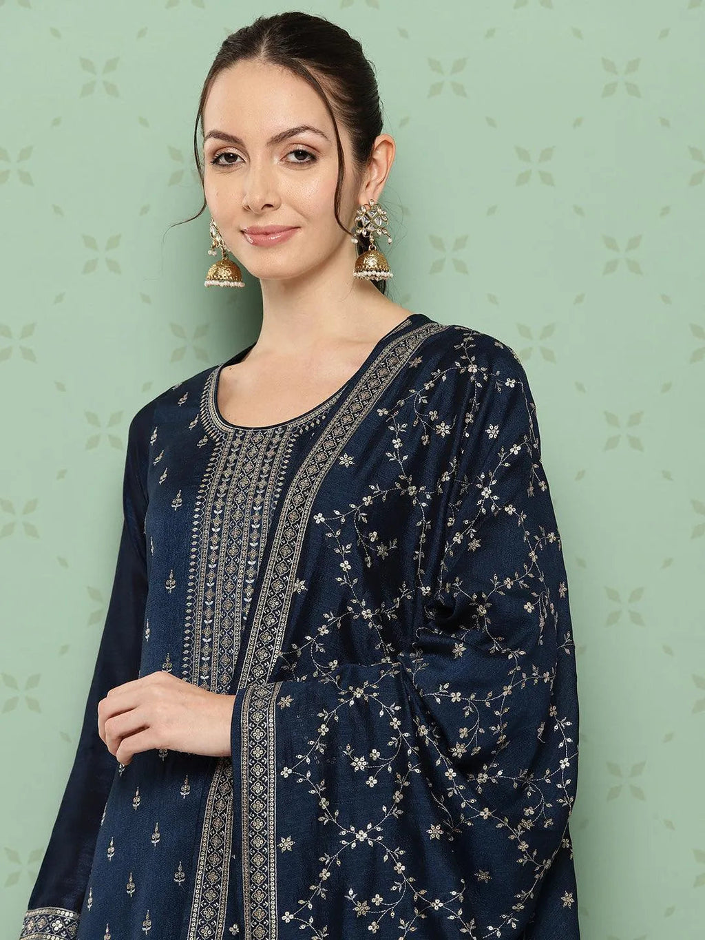 Blue Embroidered Silk Blend Pakistani Suit
