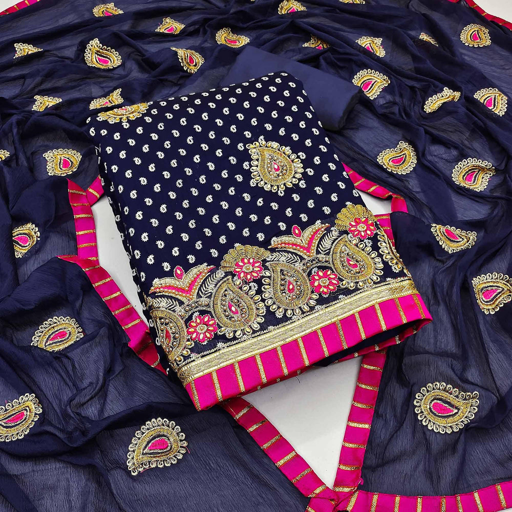 Navy Blue Embroidered With Embellished Chanderi Dress Material