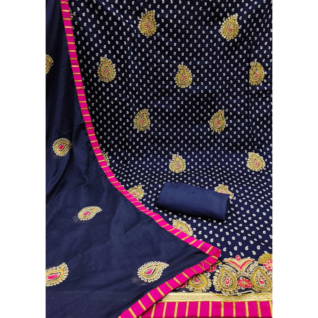 Navy Blue Embroidered With Embellished Chanderi Dress Material