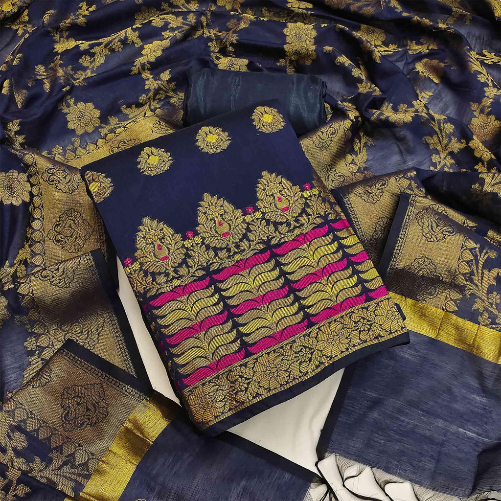 Navy Blue Festive Wear Woven Work with Tassels Banarasi Jacquard Dress Material