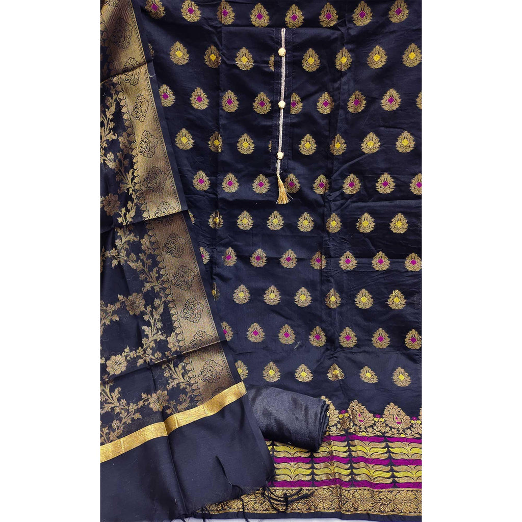 Navy Blue Festive Wear Woven Work with Tassels Banarasi Jacquard Dress Material