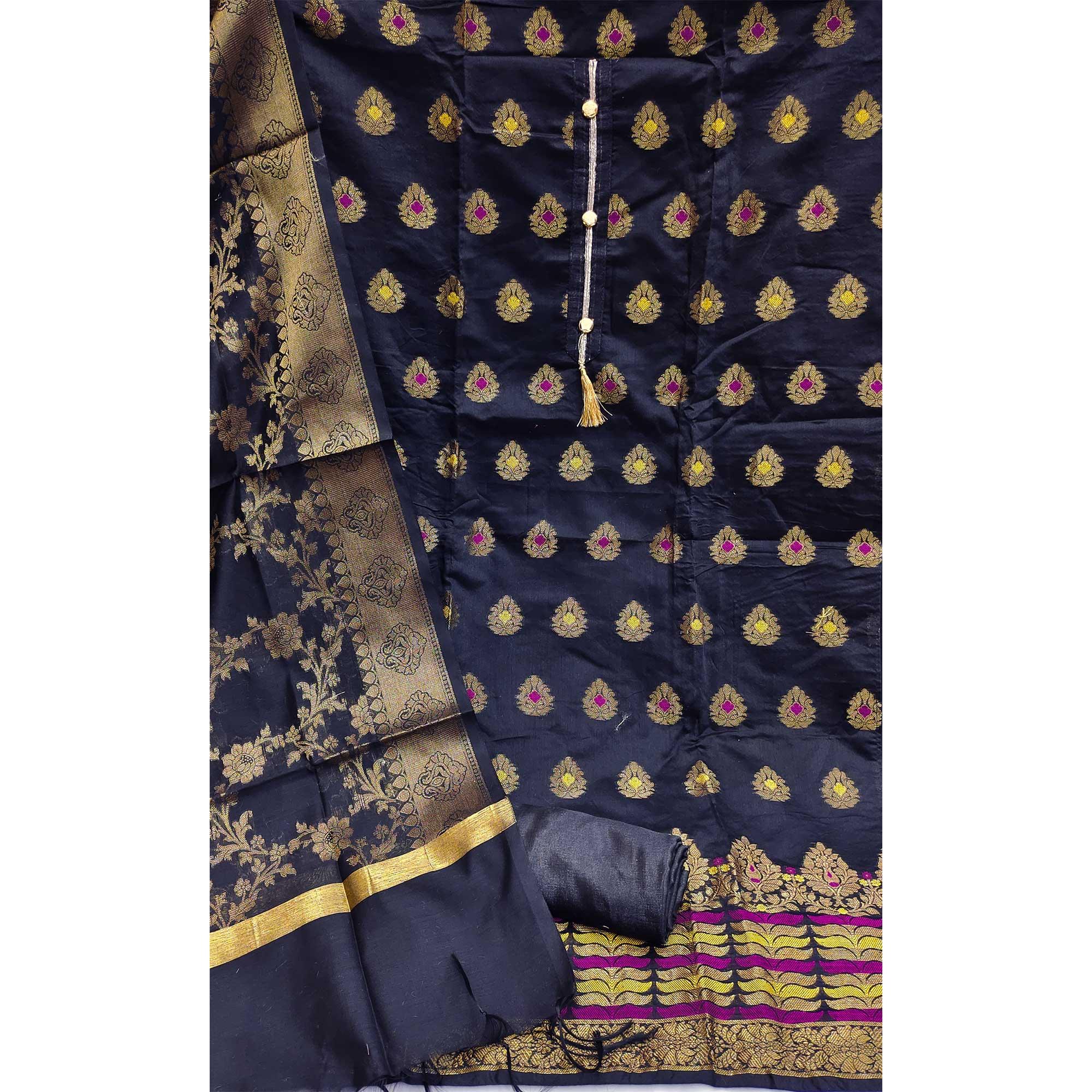 Navy Blue Festive Wear Woven Work with Tassels Banarasi Jacquard Dress Material