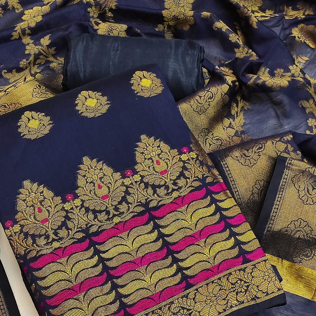 Navy Blue Festive Wear Woven Work with Tassels Banarasi Jacquard Dress Material