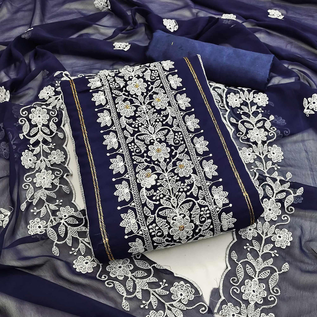 Navy Blue Floral Embroidered Georgette Dress Material