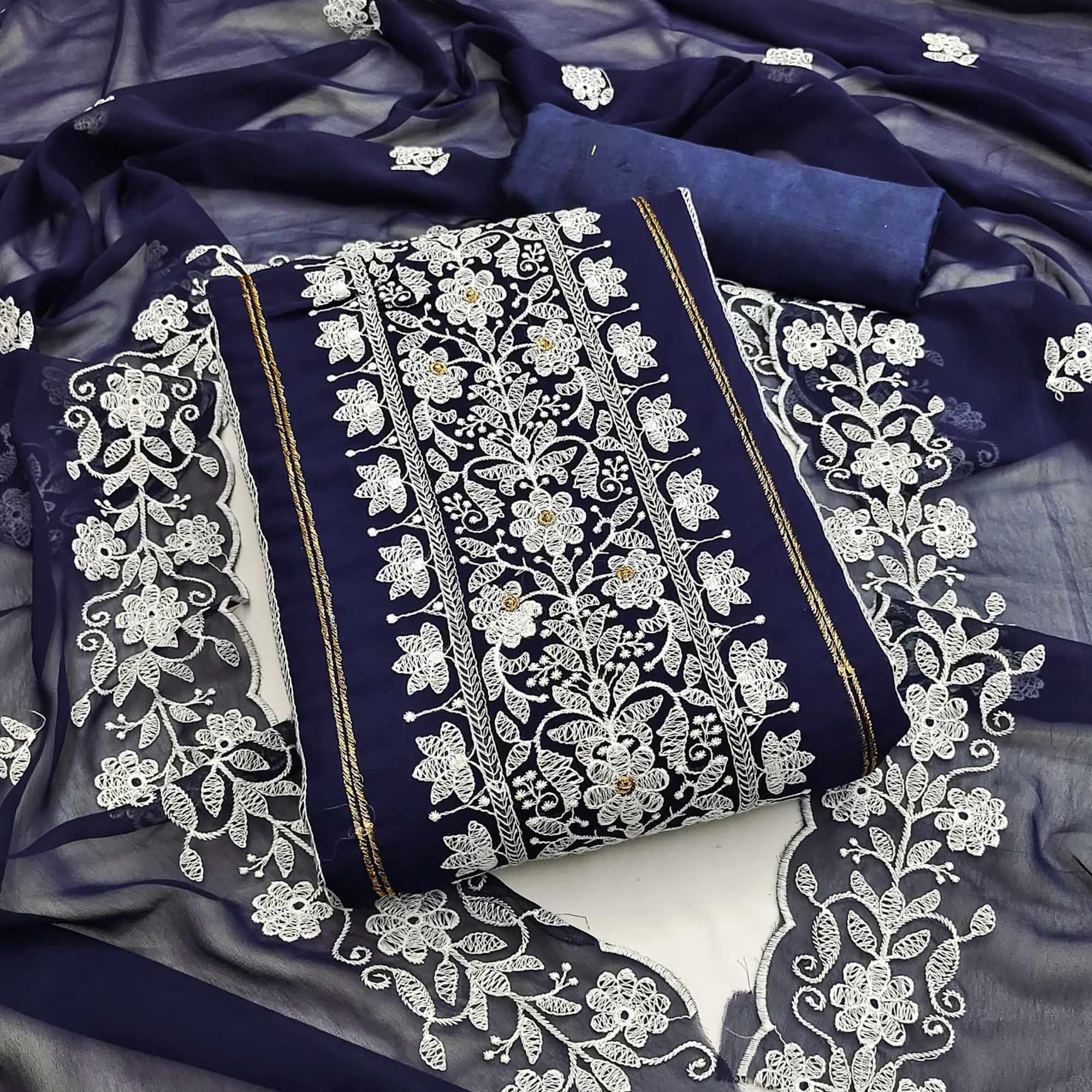 Navy Blue Floral Embroidered Georgette Dress Material