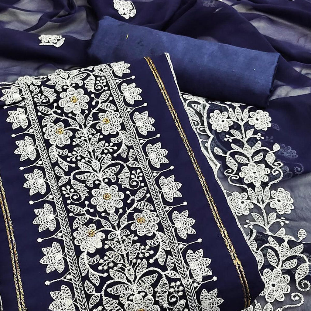 Navy Blue Floral Embroidered Georgette Dress Material