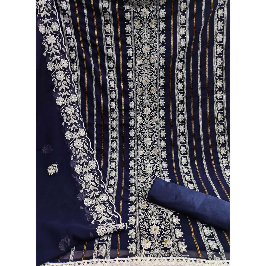 Navy Blue Floral Embroidered Georgette Dress Material