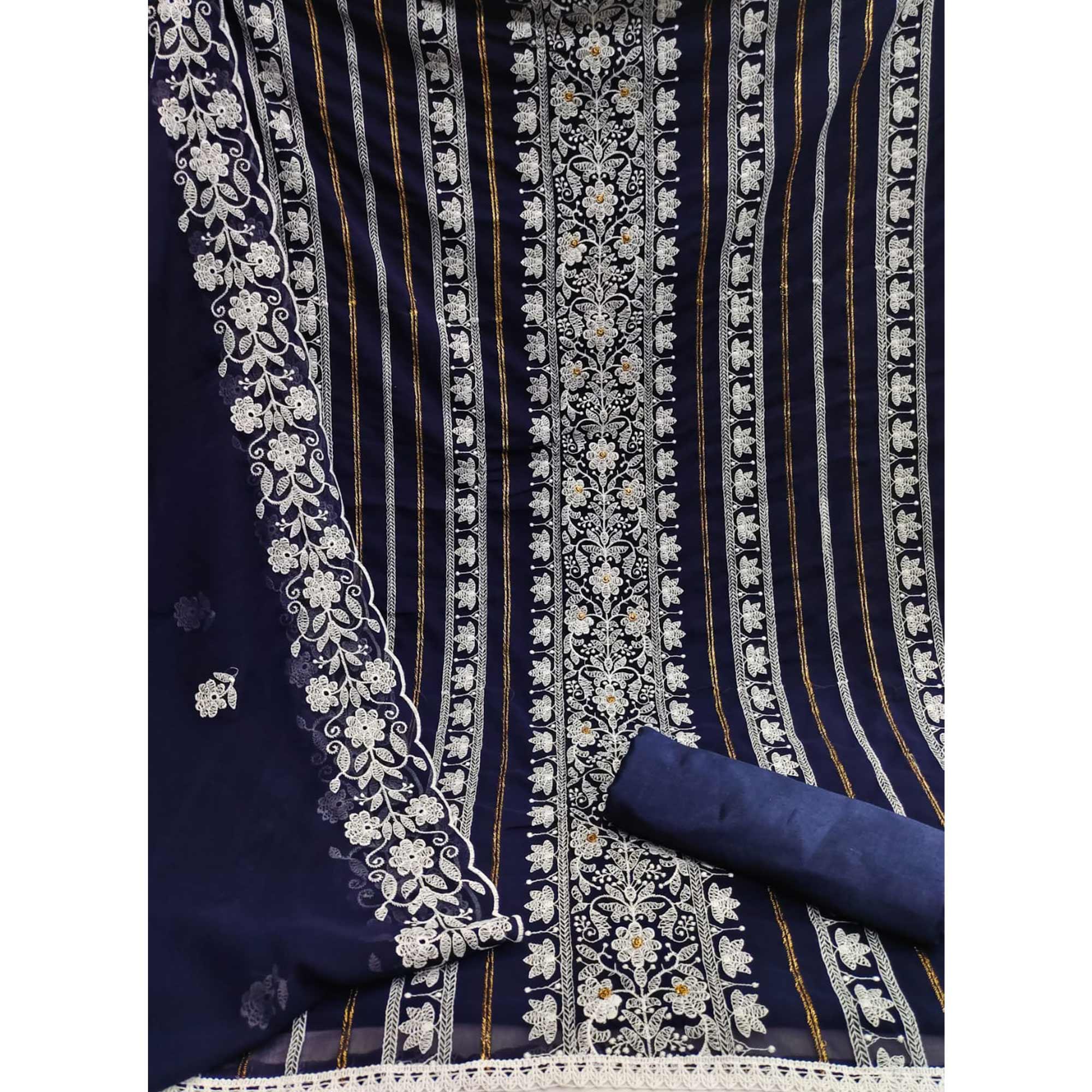 Navy Blue Floral Embroidered Georgette Dress Material
