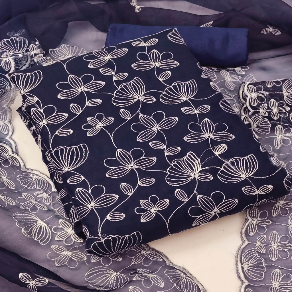 Navy Blue Floral Embroidered Organza Dress Material